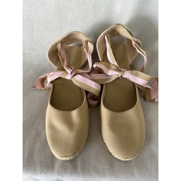 HIGH WEDGE Lace Up Women Espadrilles Pink Tan Montego Bay Club Size 10 Strappy - Picture 4 of 8